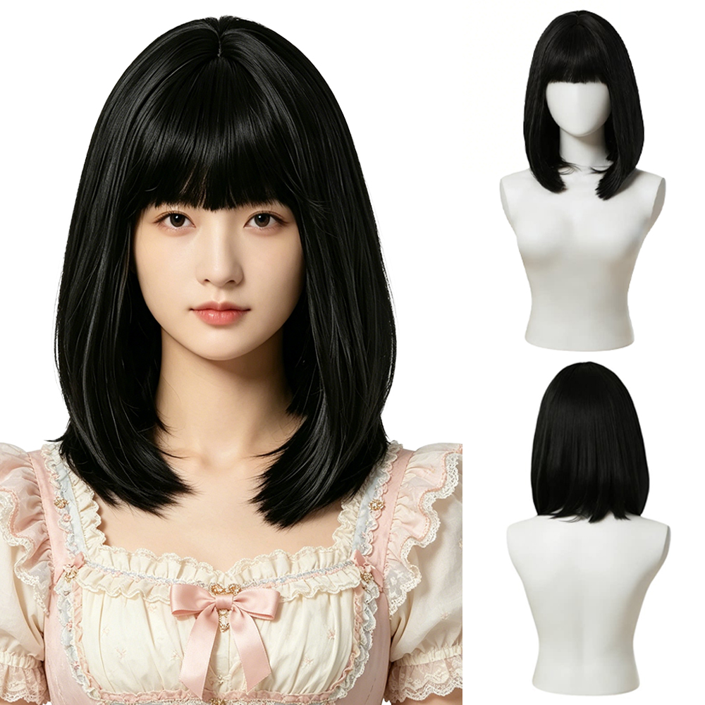 Hair Care High End - Natürliche schwarze Bob-Perücke mit Pony, gekräuselten
